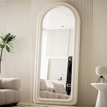 71"x32" Arched Mirror Full Length, Full Body Freely Standing Mirror, Flannel Floor Mirror with Stand for Bedroom, Living Room, Hanging or Against The Wall, White