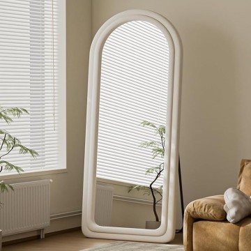 71"x32" Arched Mirror Full Length, Full Body Freely Standing Mirror, Flannel Floor Mirror with Stand for Bedroom, Living Room, Hanging or Against The Wall, White