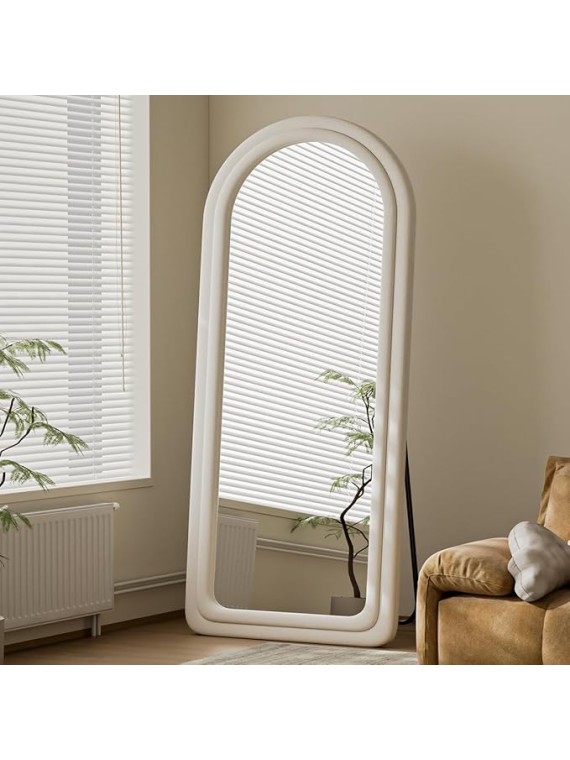 71"x32" Arched Mirror Full Length, Full Body Freely Standing Mirror, Flannel Floor Mirror with Stand for Bedroom, Living Room, Hanging or Against The Wall, White
