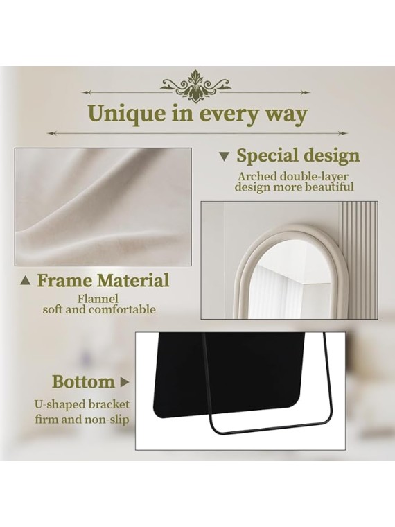 71"x32" Arched Mirror Full Length, Full Body Freely Standing Mirror, Flannel Floor Mirror with Stand for Bedroom, Living Room, Hanging or Against The Wall, White