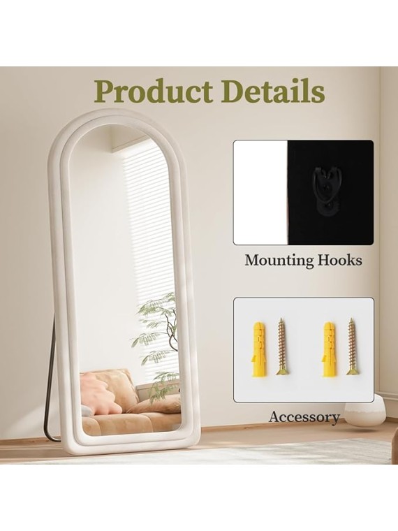 71"x32" Arched Mirror Full Length, Full Body Freely Standing Mirror, Flannel Floor Mirror with Stand for Bedroom, Living Room, Hanging or Against The Wall, White