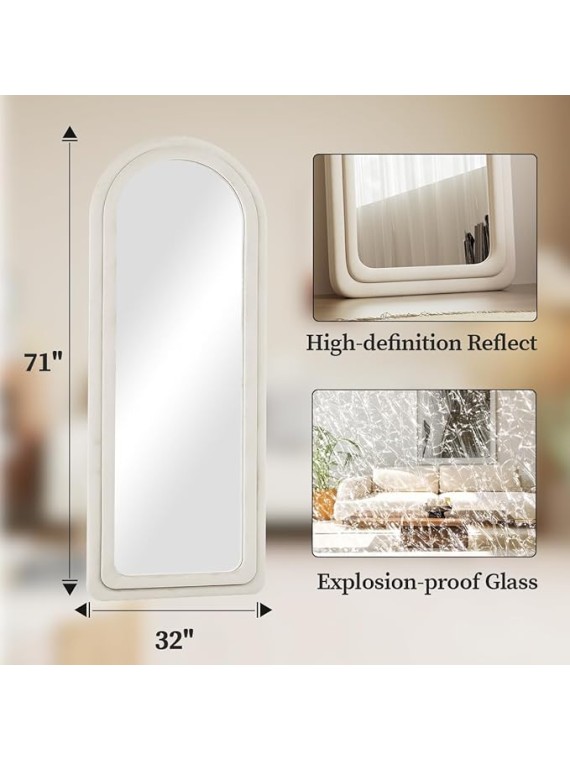 71"x32" Arched Mirror Full Length, Full Body Freely Standing Mirror, Flannel Floor Mirror with Stand for Bedroom, Living Room, Hanging or Against The Wall, White