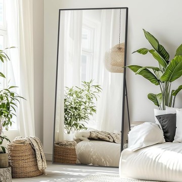 71"X32" Floor Mirror Full Length with Stand, Black Rectangle Large Free Standing Full Length Body Mirror for Gym Bedroom Living Room, Tempered Glass, Aluminum Alloy Frame