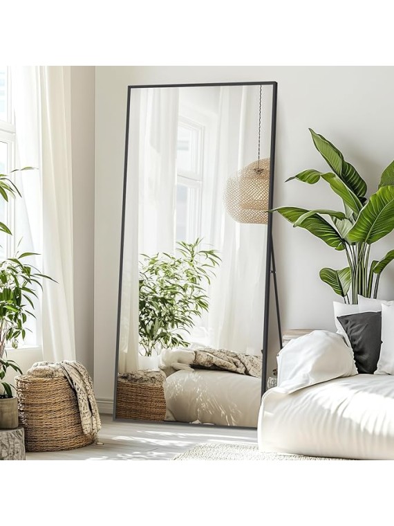 71"X32" Floor Mirror Full Length with Stand, Black Rectangle Large Free Standing Full Length Body Mirror for Gym Bedroom Living Room, Tempered Glass, Aluminum Alloy Frame