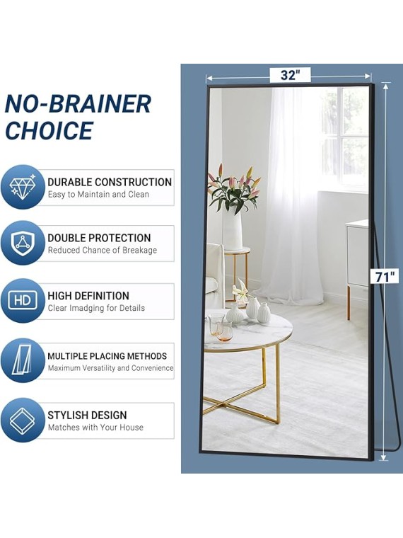 71"X32" Floor Mirror Full Length with Stand, Black Rectangle Large Free Standing Full Length Body Mirror for Gym Bedroom Living Room, Tempered Glass, Aluminum Alloy Frame