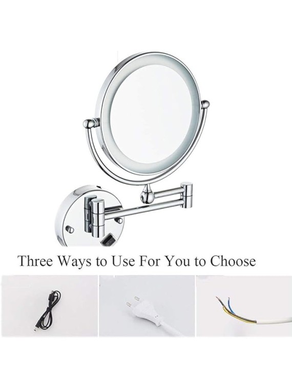 Wall Mounted Makeup Mirror with LED Lights, Double Sided Magnifying Makeup Mirror for Bathroom, Two-Sided Extendable, 360 Degree Swivel, for Bathroom Vanity, Ro(Hardwired 3X)
