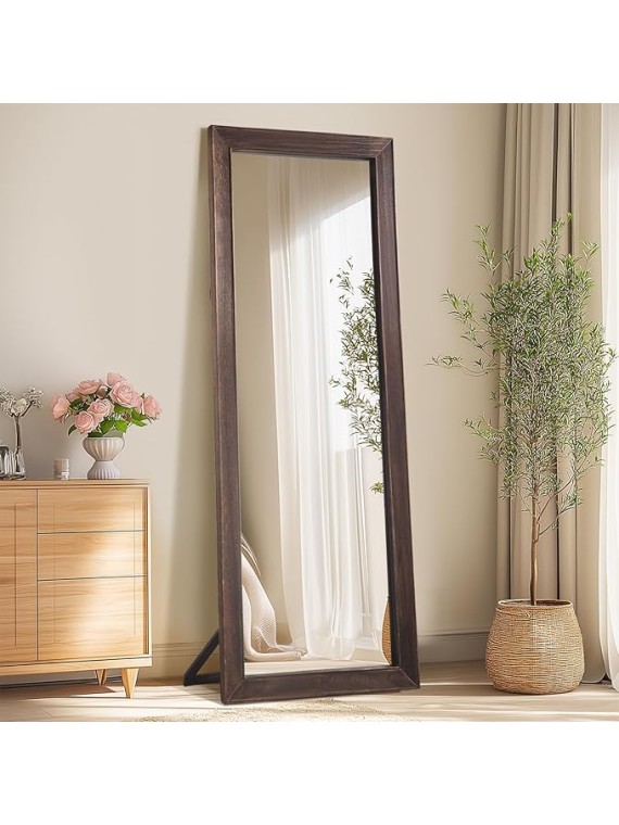 Rustic Farmhouse Full Length Mirror, 64"x21" Wood Frame Floor Mirror, Free Standing Mirror Leaning Wall Mirror Full Length, Full Body Mirror for Bedroom Living Room Cloakroom, Brown