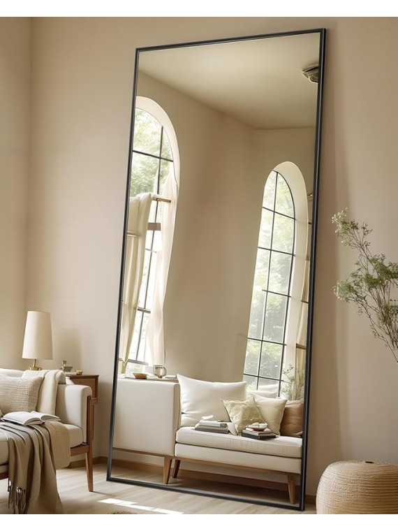 Full Length Mirror, 76"x34" Oversized Floor Mirror Freestanding, Full Body Floor Standing Mirror with Stand, Hanging Mounted for Living Room Cloakroom,Black,Rect Style