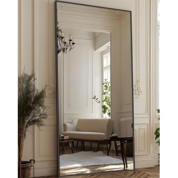 Full Length Mirror, 76"x34" Oversized Floor Mirror Freestanding, Full Body Floor Standing Mirror with Stand, Hanging Mounted for Living Room Cloakroom,Black,Rect Style