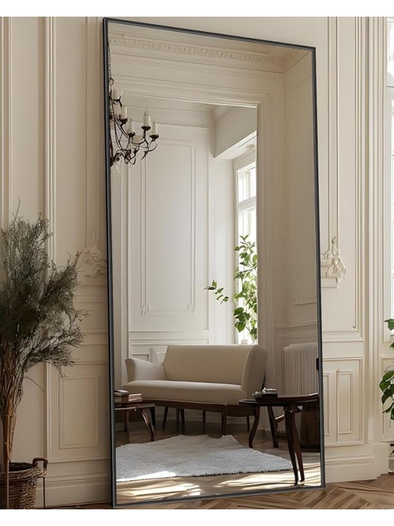 Full Length Mirror, 76"x34" Oversized Floor Mirror Freestanding, Full Body Floor Standing Mirror with Stand, Hanging Mounted for Living Room Cloakroom,Black,Rect Style