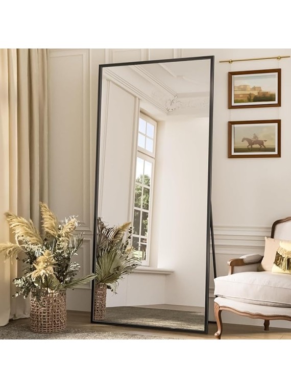 Full Length Mirror, 76"x34" Oversized Floor Mirror Freestanding, Full Body Floor Standing Mirror with Stand, Hanging Mounted for Living Room Cloakroom,Black,Rect Style
