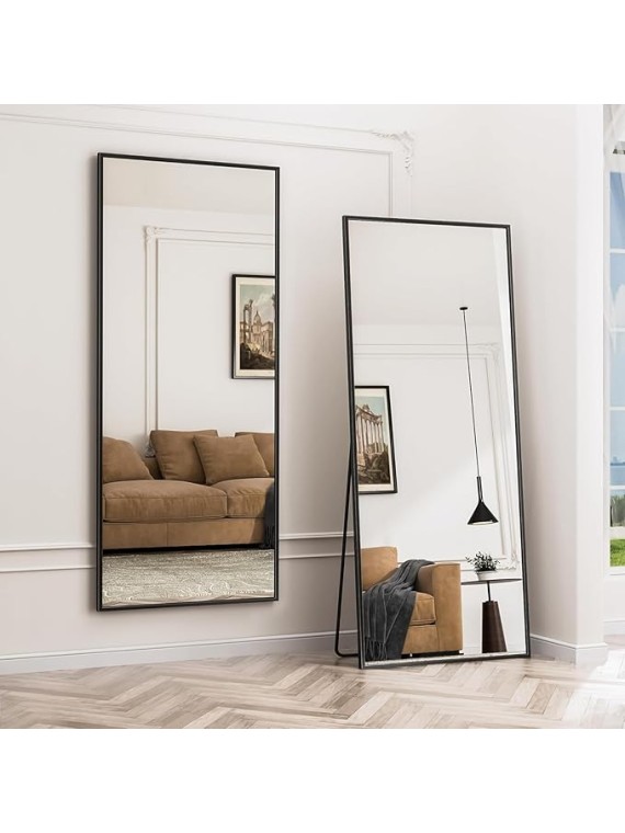 Full Length Mirror, 76"x34" Oversized Floor Mirror Freestanding, Full Body Floor Standing Mirror with Stand, Hanging Mounted for Living Room Cloakroom,Black,Rect Style