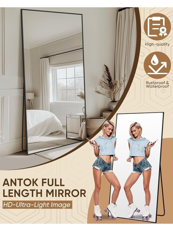 Full Length Mirror, 76"x34" Oversized Floor Mirror Freestanding, Full Body Floor Standing Mirror with Stand, Hanging Mounted for Living Room Cloakroom,Black,Rect Style