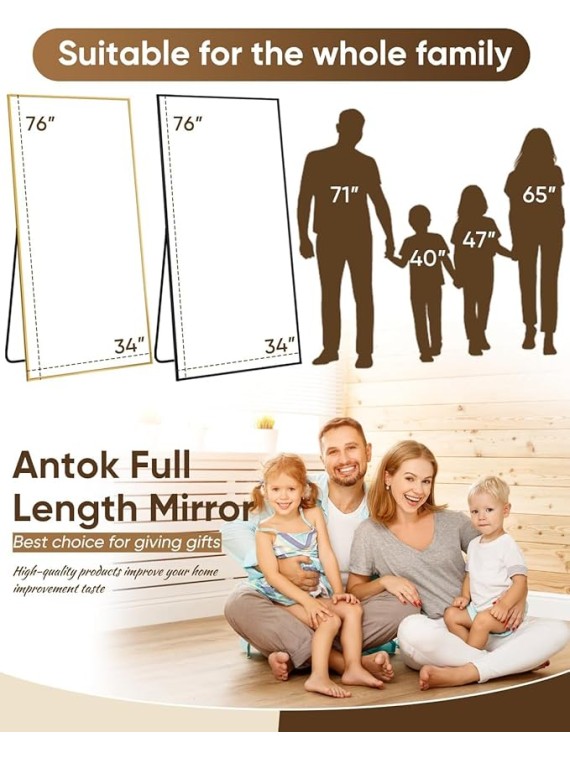 Full Length Mirror, 76"x34" Oversized Floor Mirror Freestanding, Full Body Floor Standing Mirror with Stand, Hanging Mounted for Living Room Cloakroom,Black,Rect Style