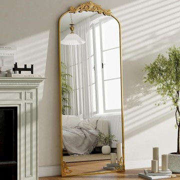 64"x 21" Vintage Full Length Mirror Large Carved Arched Mirror with Metal Frame Baroque Full Body Mirror for Bathroom/Living Room/Entryway,Gold