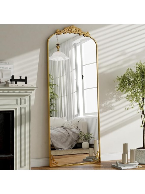 64"x 21" Vintage Full Length Mirror Large Carved Arched Mirror with Metal Frame Baroque Full Body Mirror for Bathroom/Living Room/Entryway,Gold