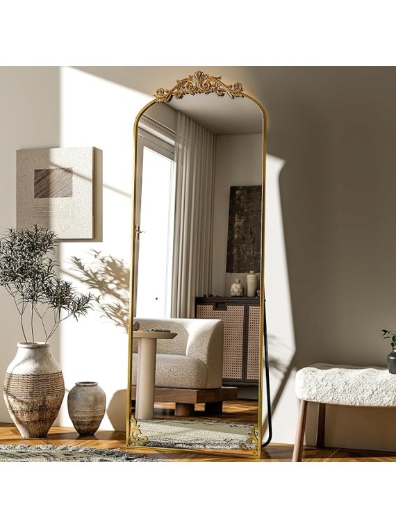 64"x 21" Vintage Full Length Mirror Large Carved Arched Mirror with Metal Frame Baroque Full Body Mirror for Bathroom/Living Room/Entryway,Gold