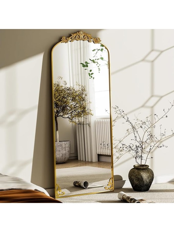 64"x 21" Vintage Full Length Mirror Large Carved Arched Mirror with Metal Frame Baroque Full Body Mirror for Bathroom/Living Room/Entryway,Gold