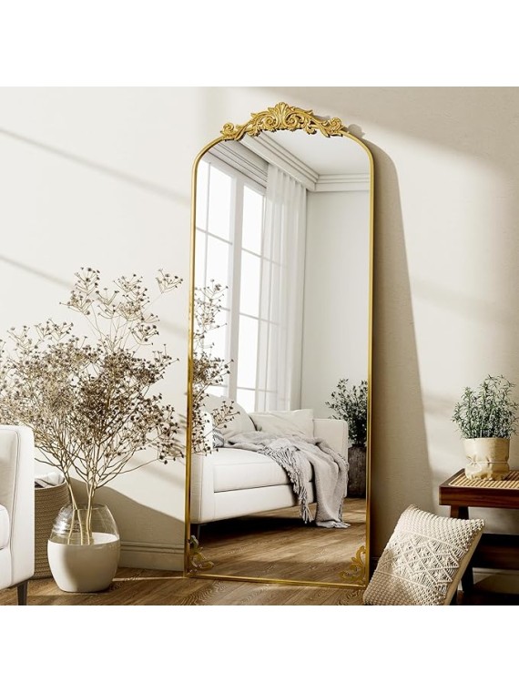 64"x 21" Vintage Full Length Mirror Large Carved Arched Mirror with Metal Frame Baroque Full Body Mirror for Bathroom/Living Room/Entryway,Gold