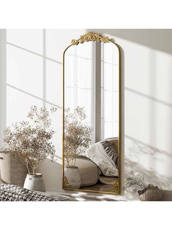 64"x 21" Vintage Full Length Mirror Large Carved Arched Mirror with Metal Frame Baroque Full Body Mirror for Bathroom/Living Room/Entryway,Gold
