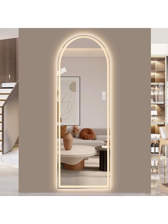 Room Decor Home Decor Full Length Mirror 65"x21" with Elegant Arch Design, Adjustable LED Lighting, High-Definition Shatterproof Glass, Versatile Installation, Silver Frame