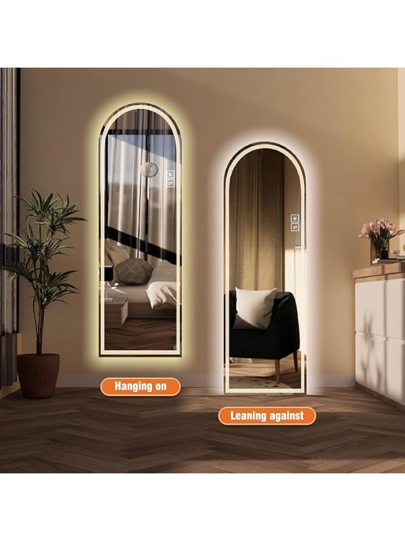 Room Decor Home Decor Full Length Mirror 65"x21" with Elegant Arch Design, Adjustable LED Lighting, High-Definition Shatterproof Glass, Versatile Installation, Silver Frame