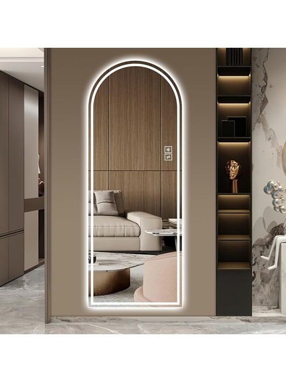 Room Decor Home Decor Full Length Mirror 65"x21" with Elegant Arch Design, Adjustable LED Lighting, High-Definition Shatterproof Glass, Versatile Installation, Silver Frame