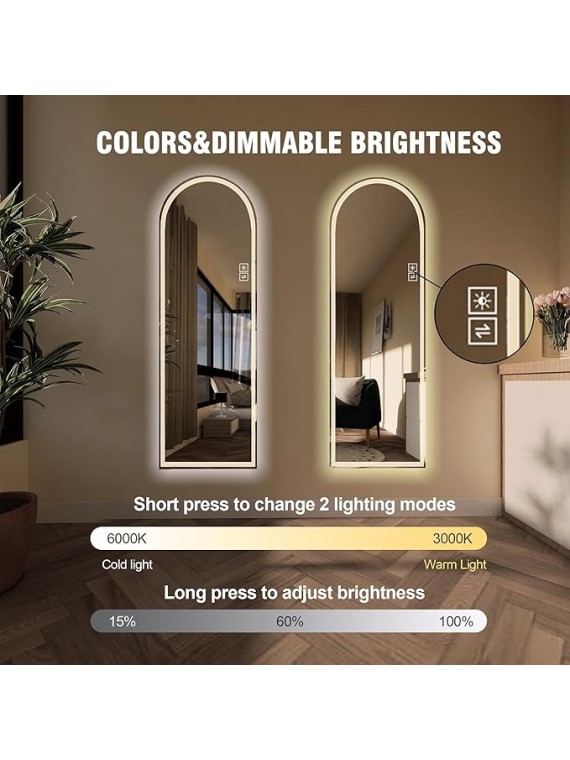 Room Decor Home Decor Full Length Mirror 65"x21" with Elegant Arch Design, Adjustable LED Lighting, High-Definition Shatterproof Glass, Versatile Installation, Silver Frame