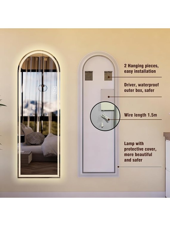 Room Decor Home Decor Full Length Mirror 65"x21" with Elegant Arch Design, Adjustable LED Lighting, High-Definition Shatterproof Glass, Versatile Installation, Silver Frame
