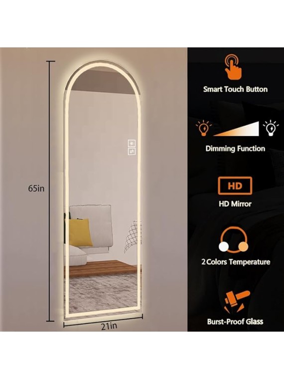 Room Decor Home Decor Full Length Mirror 65"x21" with Elegant Arch Design, Adjustable LED Lighting, High-Definition Shatterproof Glass, Versatile Installation, Silver Frame