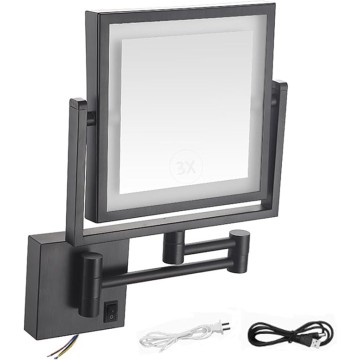 8 inch Makeup Mirror with Led Lights and Magnification , Square Double Sided Lighted Cosmetic Mirror Wall Mounted Bathroom Mirrors, 3X Magnifying Shaving Light up Mirror 360°Swivel, Charging,Black