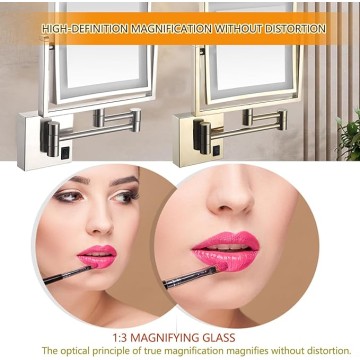8 inch Makeup Mirror with Led Lights and Magnification , Square Double Sided Lighted Cosmetic Mirror Wall Mounted Bathroom Mirrors, 3X Magnifying Shaving Light up Mirror 360°Swivel, Charging,Black