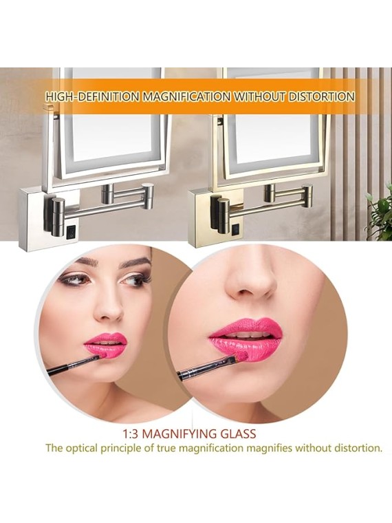 8 inch Makeup Mirror with Led Lights and Magnification , Square Double Sided Lighted Cosmetic Mirror Wall Mounted Bathroom Mirrors, 3X Magnifying Shaving Light up Mirror 360°Swivel, Charging,Black