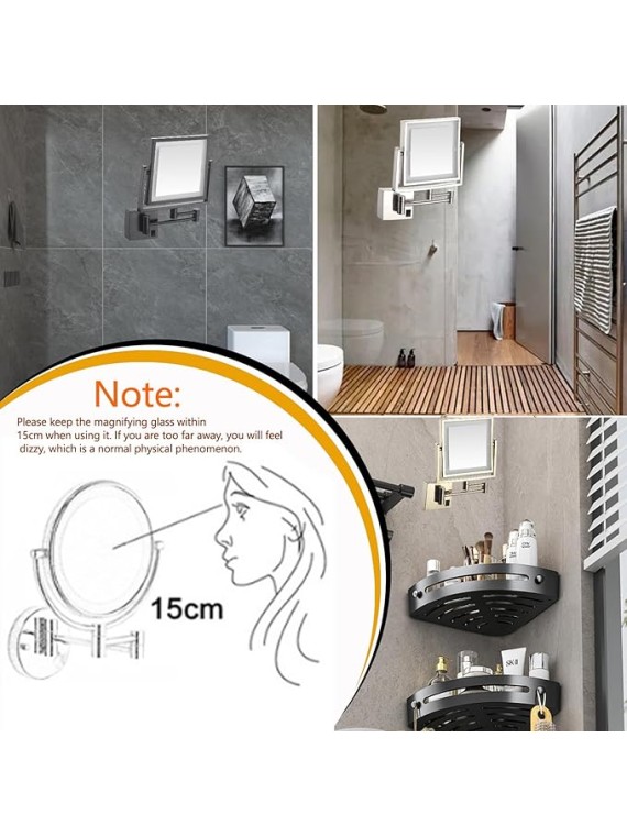 8 inch Makeup Mirror with Led Lights and Magnification , Square Double Sided Lighted Cosmetic Mirror Wall Mounted Bathroom Mirrors, 3X Magnifying Shaving Light up Mirror 360°Swivel, Charging,Black