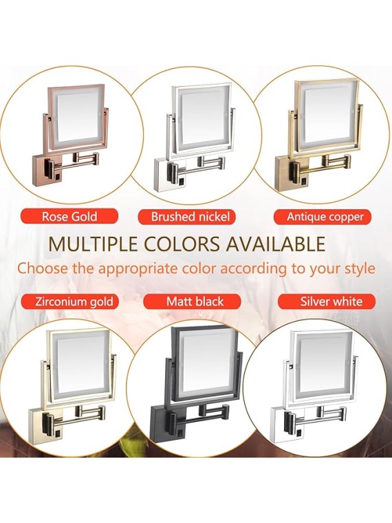 8 inch Makeup Mirror with Led Lights and Magnification , Square Double Sided Lighted Cosmetic Mirror Wall Mounted Bathroom Mirrors, 3X Magnifying Shaving Light up Mirror 360°Swivel, Charging,Black